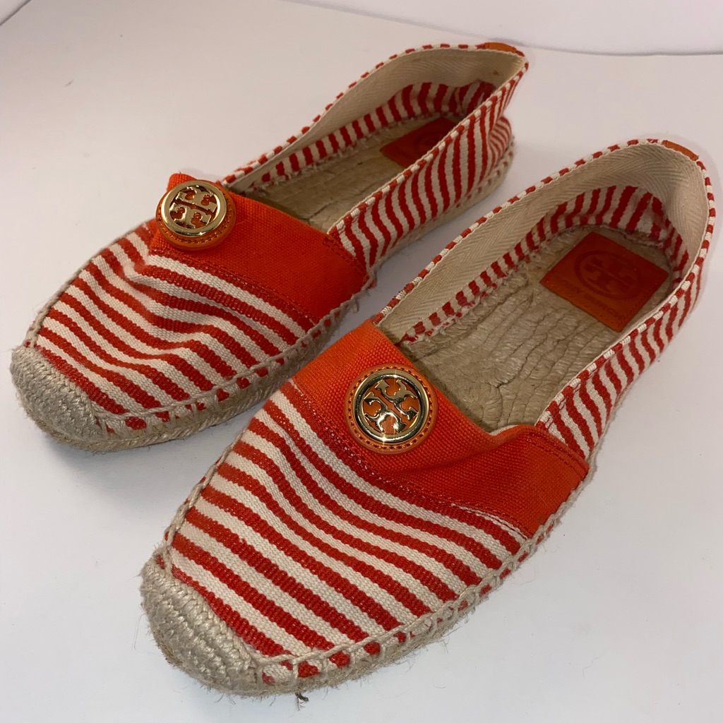 Tory Burch Beacher Orange White Striped Espadrilles Sz 10 Super Cute!